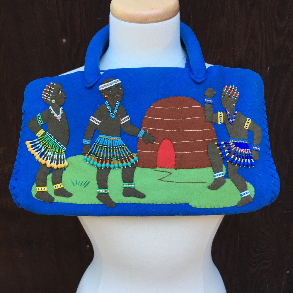African Folk Art Bead Applique Felt Bag